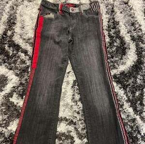 Vintage Lady Enyce Y2K Black Denim Flare Jeans with Red Side Stripe and Rhinesto